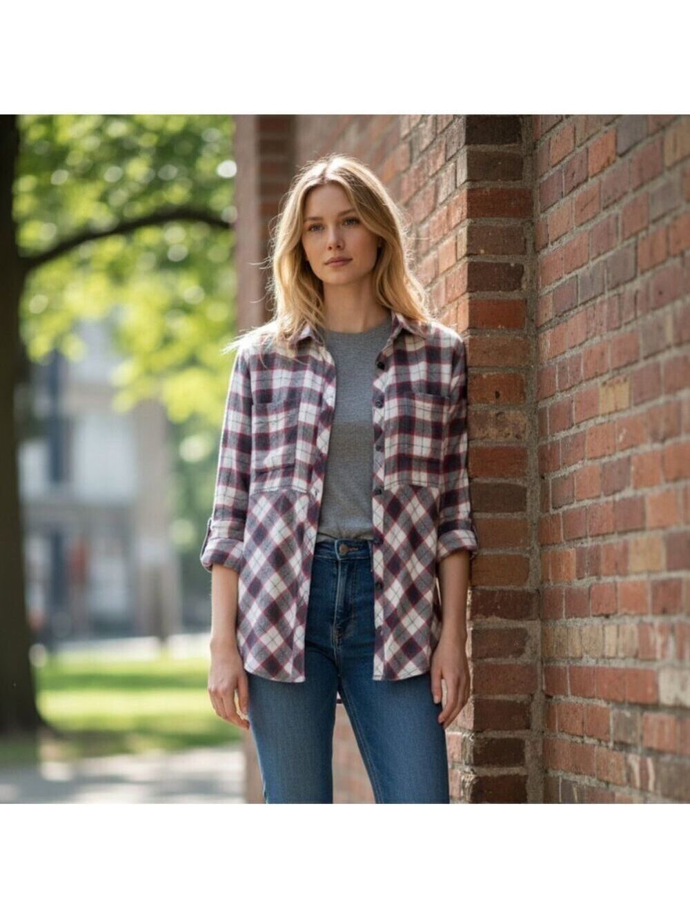 Free People Plaid Pink & Grey Button Down Shirt Size L
